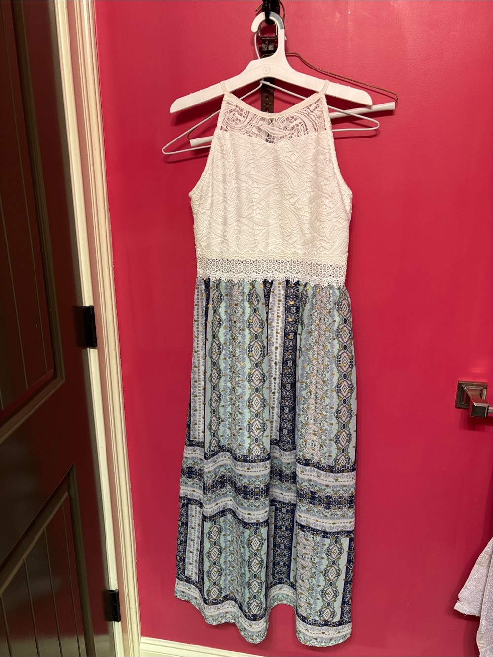 Iz Byer White Lace Halter Maxi Dress with Blue Patterned Skirt